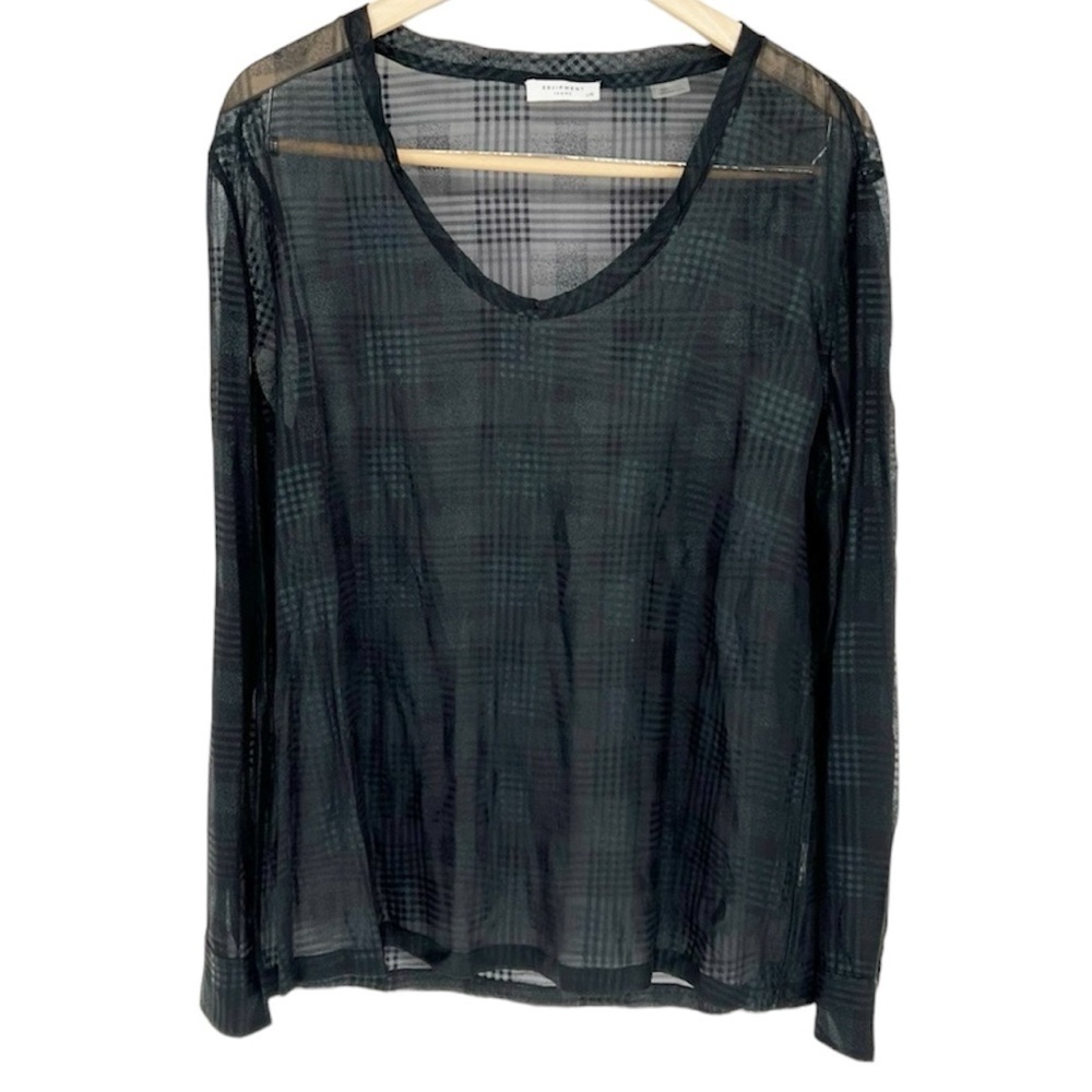 Equipment Sheer Plaid Patterned Black Long Sleeve Top‎